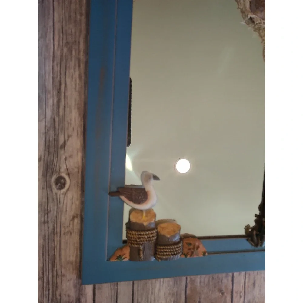 Nautical Beach Theme Mirror Seagull, Net Life Preserver Seashells Hanging Hooks